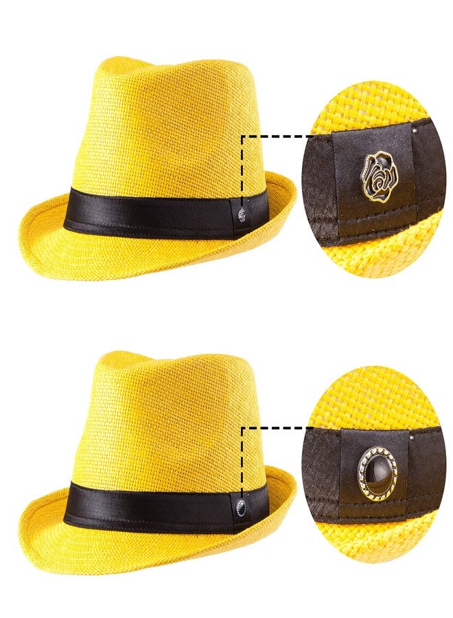 LADYBRO Lemon-Yellow Straw Trilby Fedora Hat for Men 1920s Short Brim Panama Cap 7 1/4 - Image 3